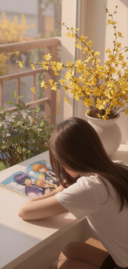 少女窗边阅读动漫画册暖黄温馨人文风土手机壁纸