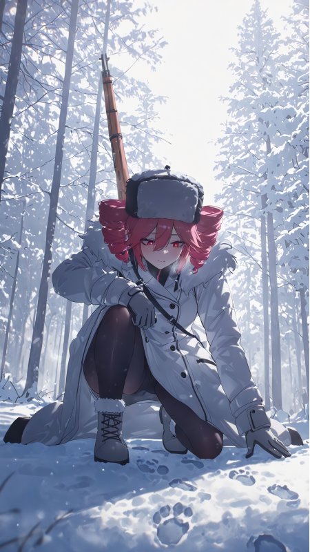 少女红发戴毛帽持步枪雪林蹲姿蓝白动漫手机壁纸