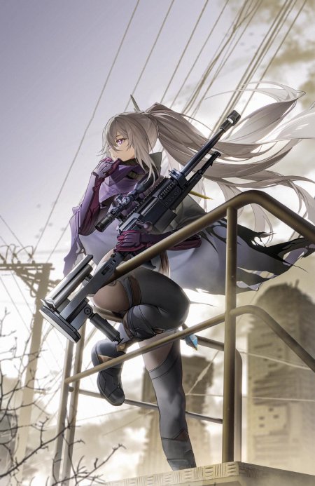 少女前线2：追放纳美西丝少女持狙击枪倚栏凝望灰紫动漫手机壁纸