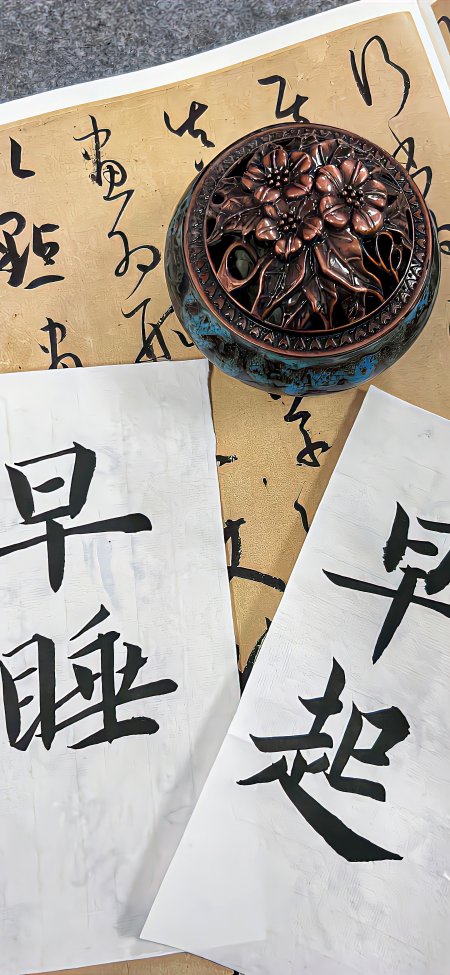书法作品早起早睡字帖铜香炉古风静物特写手机壁纸