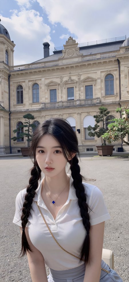 双马尾白衬衫少女坐姿优雅浅灰蓝调人物摄影手机壁纸