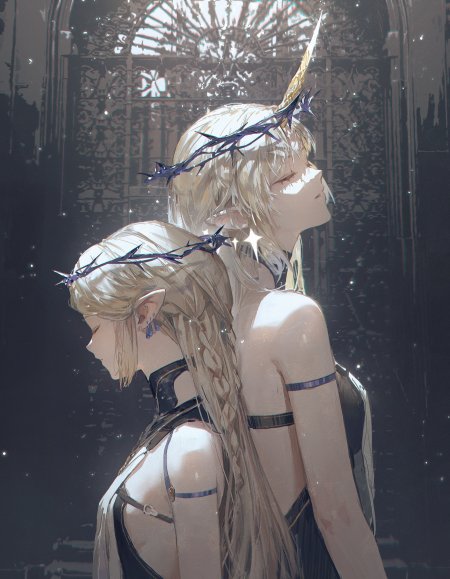 双生金发少女荆棘冠冕背影暗银幻想动漫手机壁纸