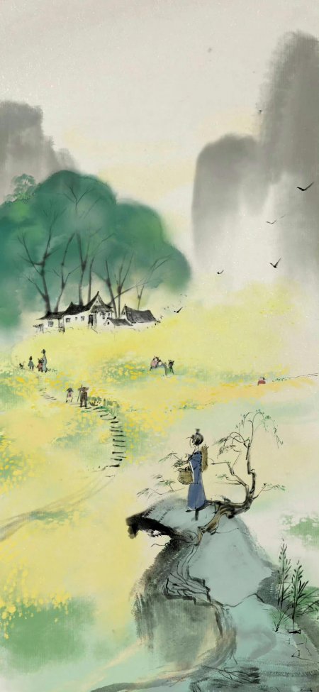 水墨山水田园村落少女采菊淡黄青绿书画绘画手机壁纸