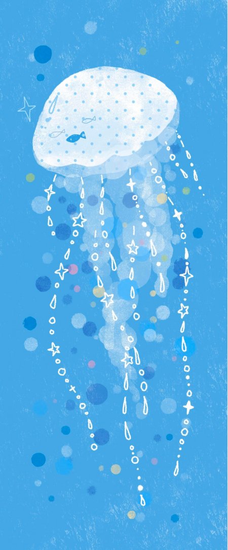 水母蓝白波点星饰梦幻海洋插画创意手机壁纸