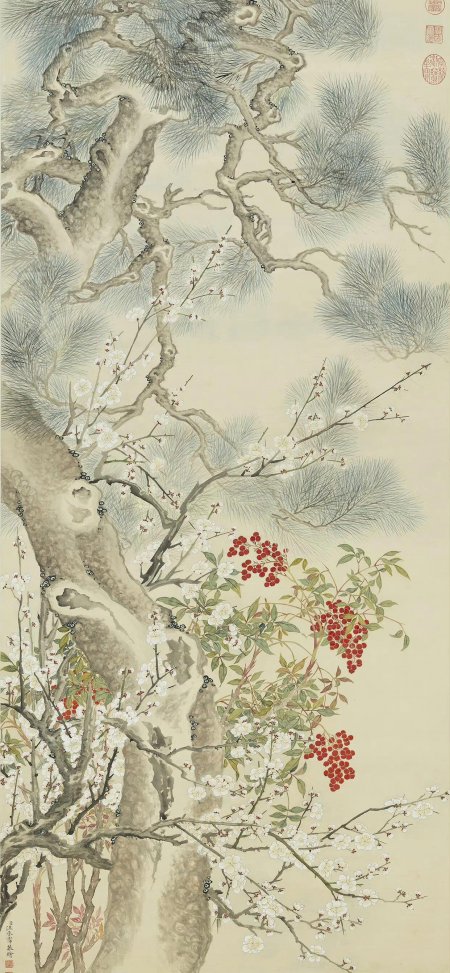 松树梅花红果白花古风工笔书画绘画手机壁纸