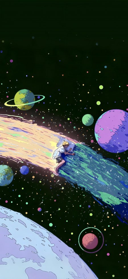 太空少年枕星而眠彩星环绕暗绿科幻手机壁纸
