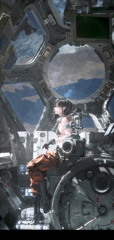 太空舱内黑发少女凝望地球蓝灰科幻动漫手机壁纸