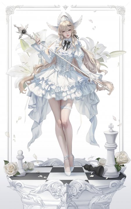 天使少女持杖立于棋盘白百合环绕蓝白唯美动漫手机壁纸