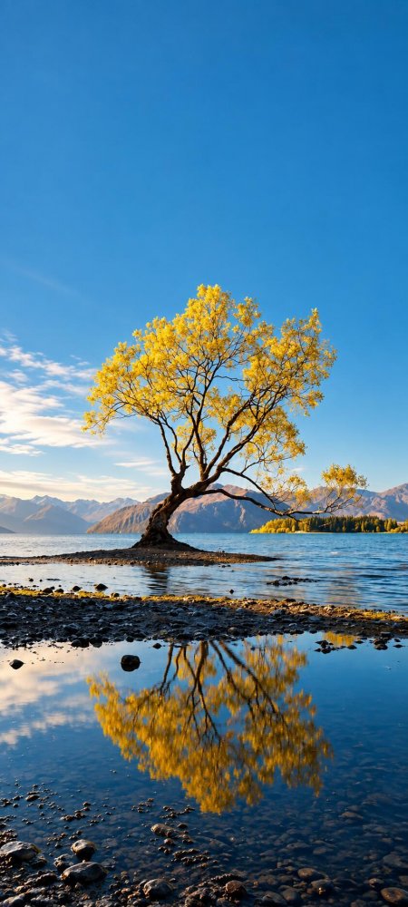 瓦纳卡湖孤树金叶倒影蓝天山水风景手机壁纸