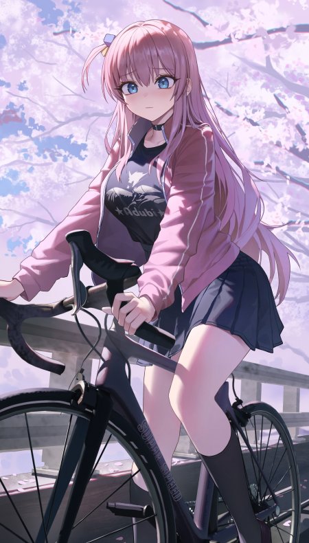 蔚蓝档案小鸟游星野粉发运动服骑公路自行车樱花手机壁纸