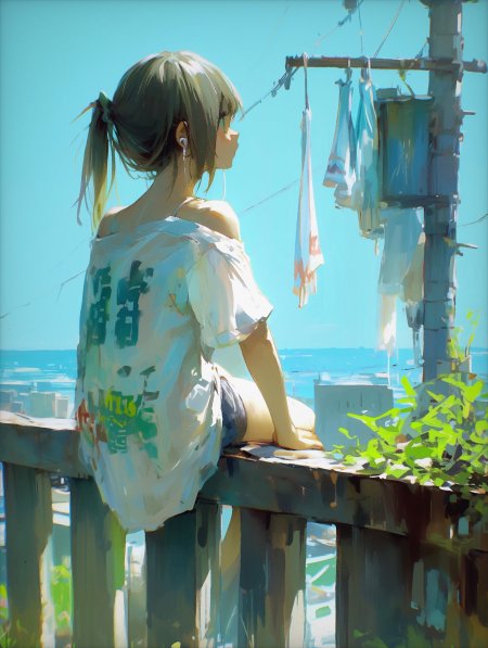 夏日海边阳台少女侧坐远望蓝白清新动漫手机壁纸