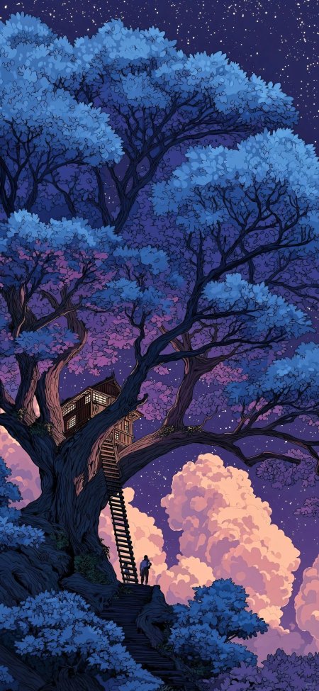 星空树屋少年仰望梦幻蓝紫奇幻风景手机壁纸
