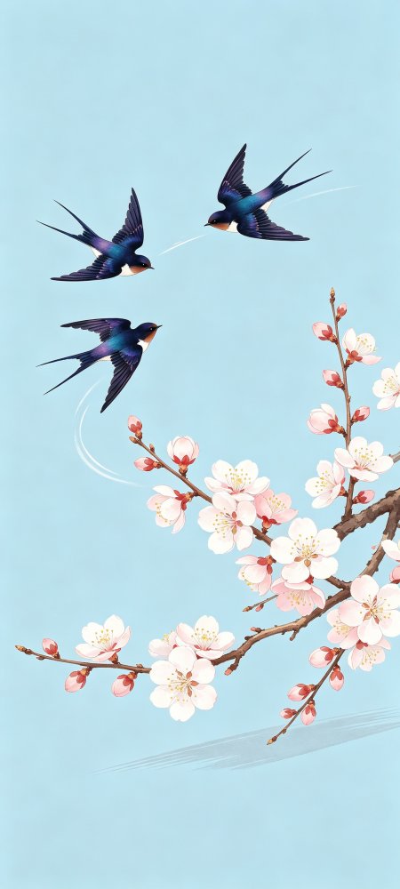 燕子飞舞樱花绽放淡蓝古风唯美插画手机壁纸