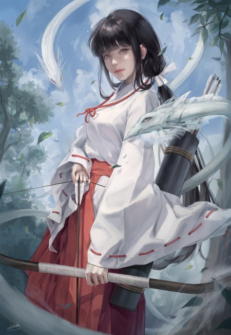 阴阳师桔梗白衫红裙持弓少女蓝绿清新动漫手机壁纸