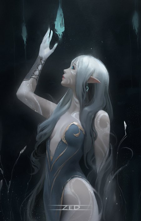 银发精灵少女仰望光尘蓝灰奇幻动漫手机壁纸