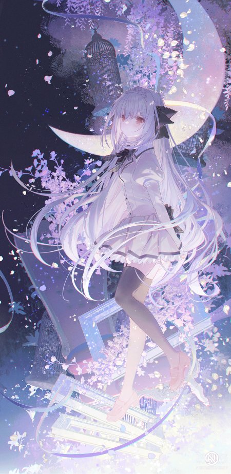 银发红瞳少女月夜花雨紫幻动漫手机壁纸
