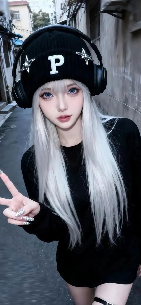 银发蓝眼美女戴黑帽耳机比耶冷调人物摄影手机壁纸