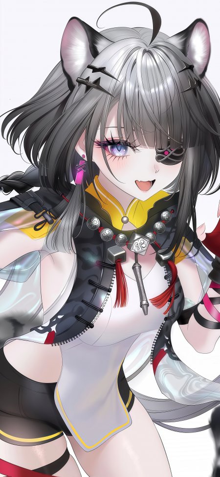 银发猫耳少女紫瞳微笑黄黑服饰动漫手机壁纸