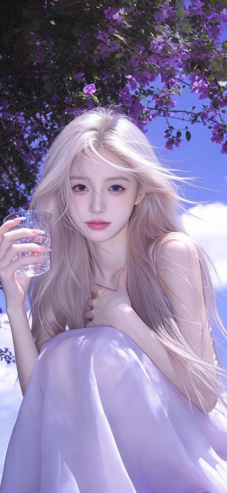 银发美女手持水杯紫花树下粉紫唯美人物摄影手机壁纸
