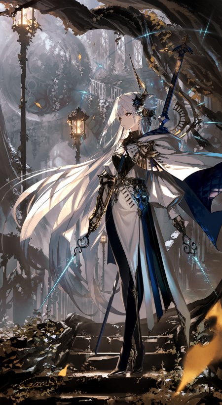 银发少女持剑伫立废墟古堡蓝白暗金动漫手机壁纸