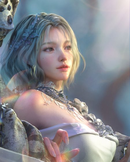 银发少女花饰颈链梦幻蓝紫光影唯美人物手机壁纸