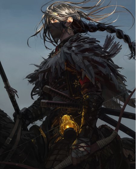 银发武士羽饰战甲持弓箭暗灰奇幻动漫手机壁纸