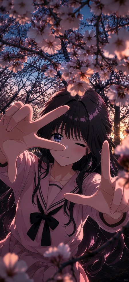 樱花树下少女粉紫高清动漫手机壁纸
