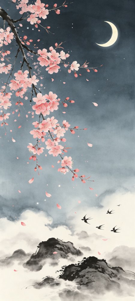 樱花枝头月下飞燕水墨山水粉紫古风绘画手机壁纸