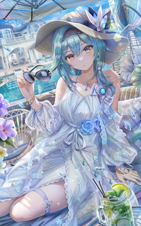 泳池边蓝发少女戴草帽持墨镜浅紫白裙动漫手机壁纸
