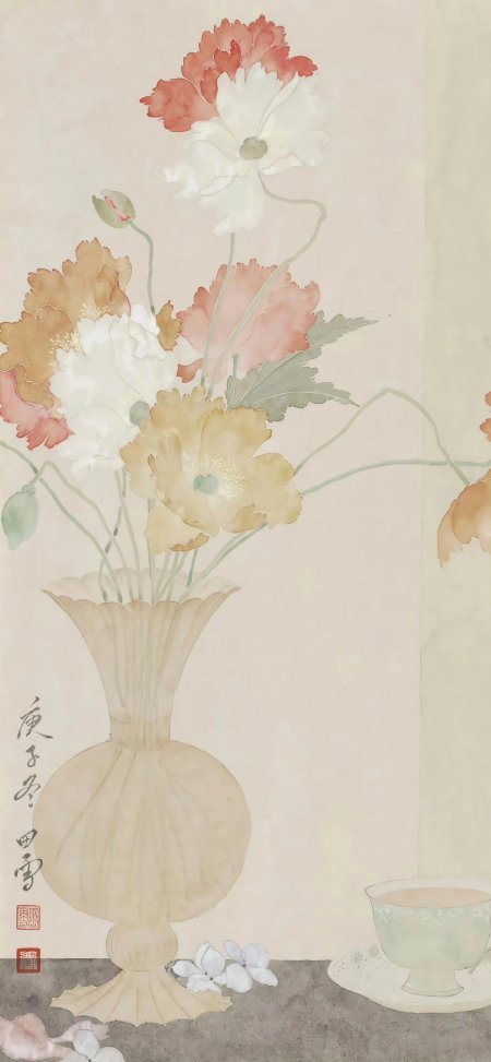虞美人花瓶静物淡雅水墨古画手机壁纸