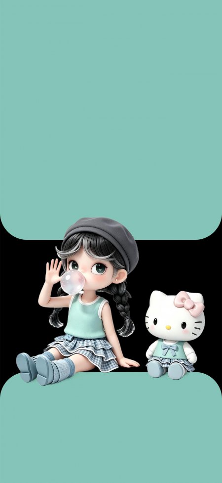 与双马尾少女吹泡泡青绿动漫手机壁纸