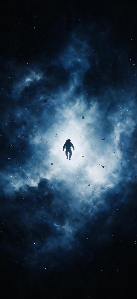 宇航员漂浮星云中央蓝白深邃太空科幻手机壁纸