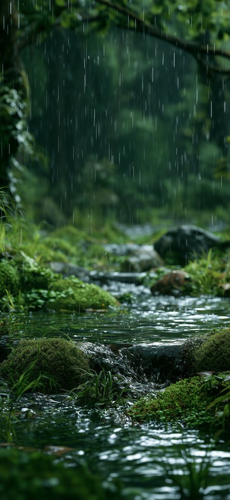 雨林溪流青苔覆盖水珠滴落翠绿自然风景手机壁纸