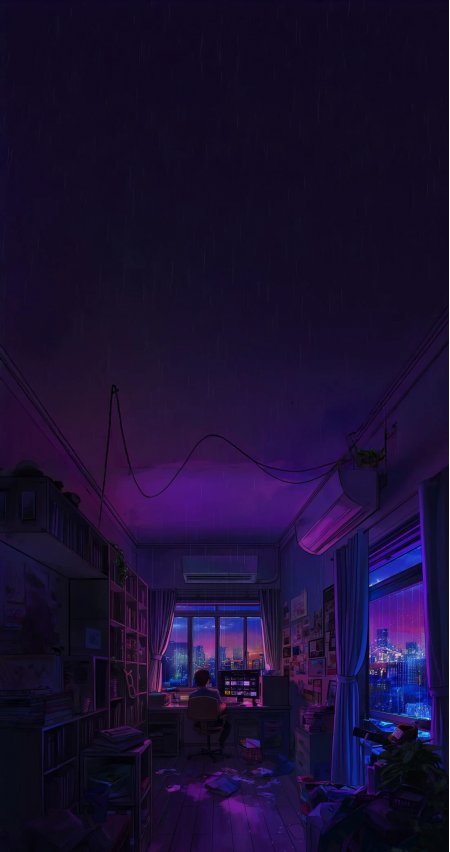 雨夜窗边书桌少年凝望霓虹城市紫蓝氛围感插画创意手机壁纸