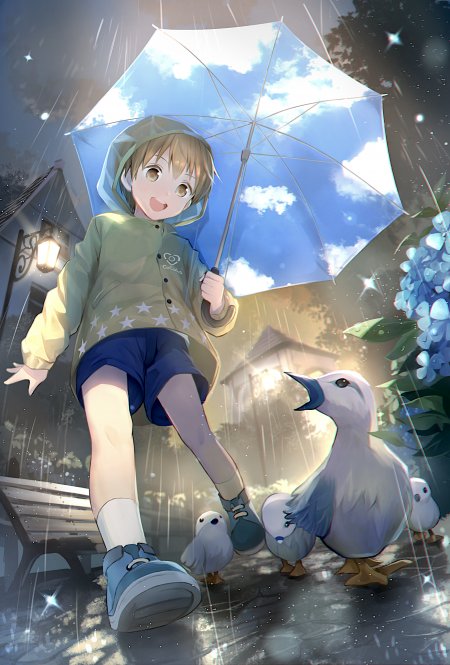 雨中撑伞金发少年与白鸟相伴蓝白清新动漫手机壁纸