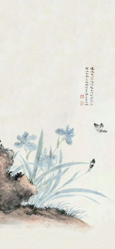 鸢尾花蝴蝶翩跹淡雅青蓝古风绘画书画手机壁纸
