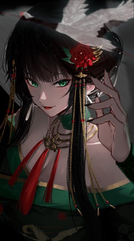 原神胡桃黑发绿眸红花饰古风少女暗红绿动漫手机壁纸