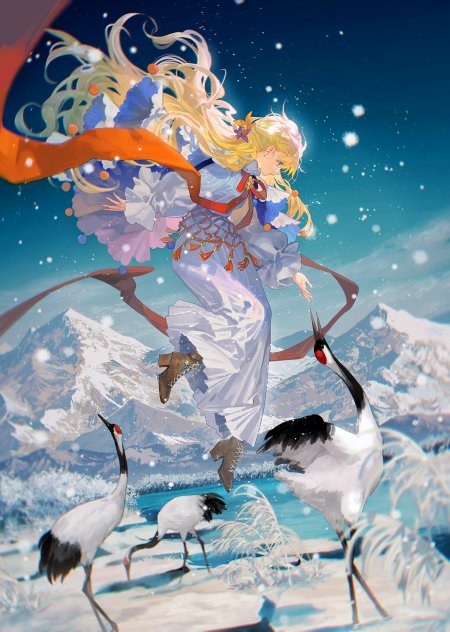 原神荧金发少女雪山仙鹤起舞动漫电脑壁纸