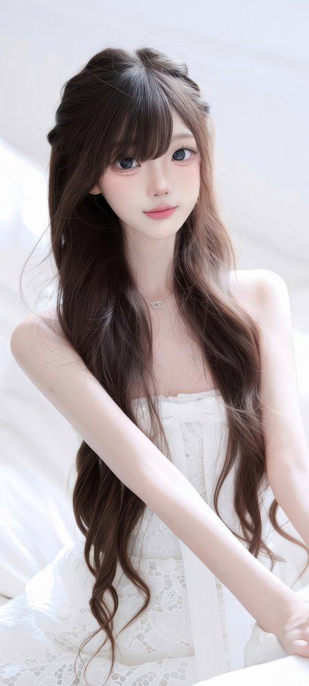 长发蓝眸白裙少女温柔浅笑纯白唯美美女手机壁纸