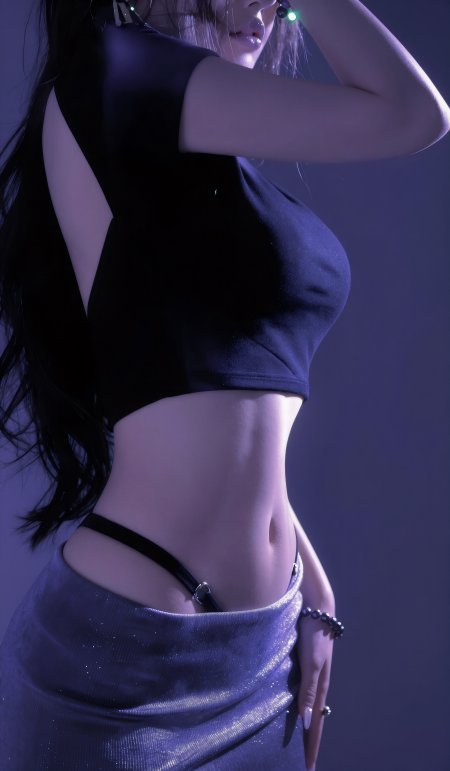 长发美女黑衣露腰紫光人物摄影手机壁纸