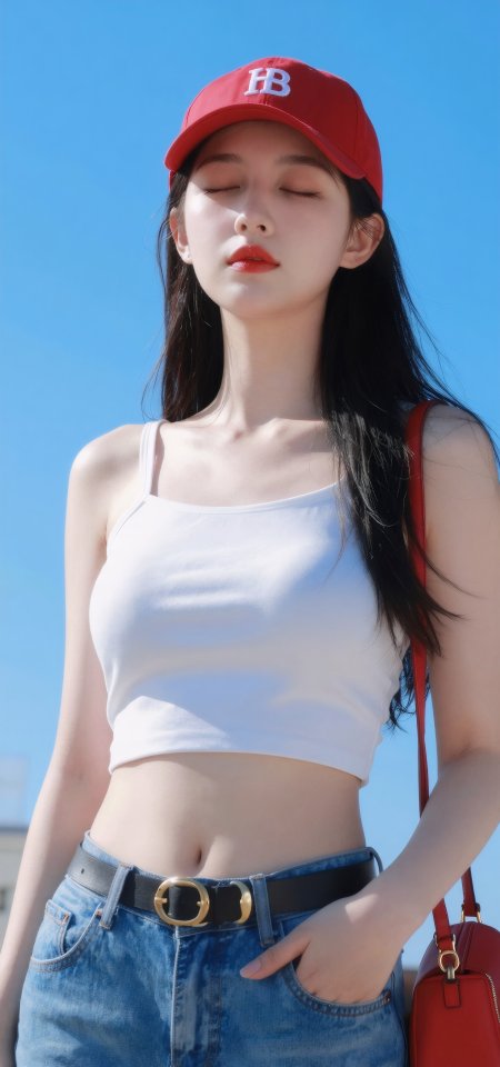 长发美女红帽白吊带牛仔裤蓝空暖阳人物摄影手机壁纸