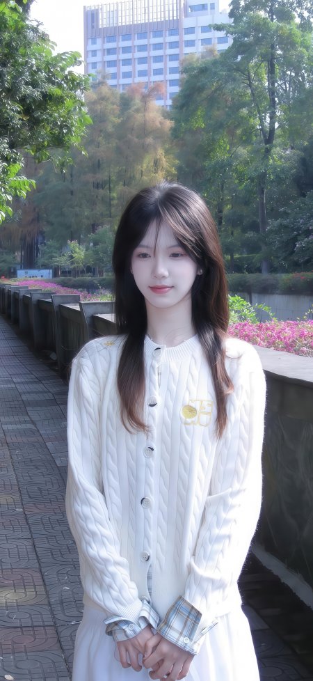 长发少女白针织开衫格纹袖口暖白人物摄影手机壁纸