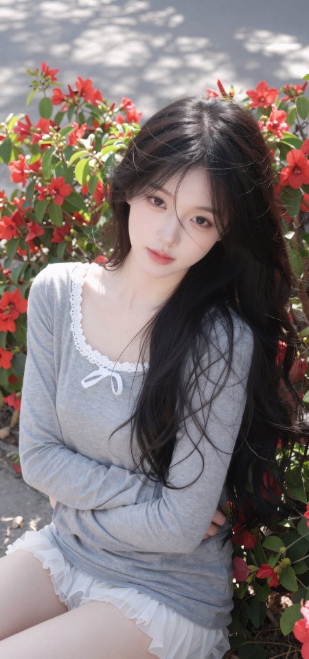 长发少女灰衣白裙倚花丛暖光人物摄影手机壁纸