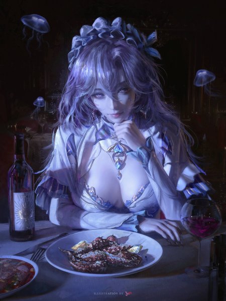 紫发少女餐桌沉思蓝紫梦幻动漫手机壁纸