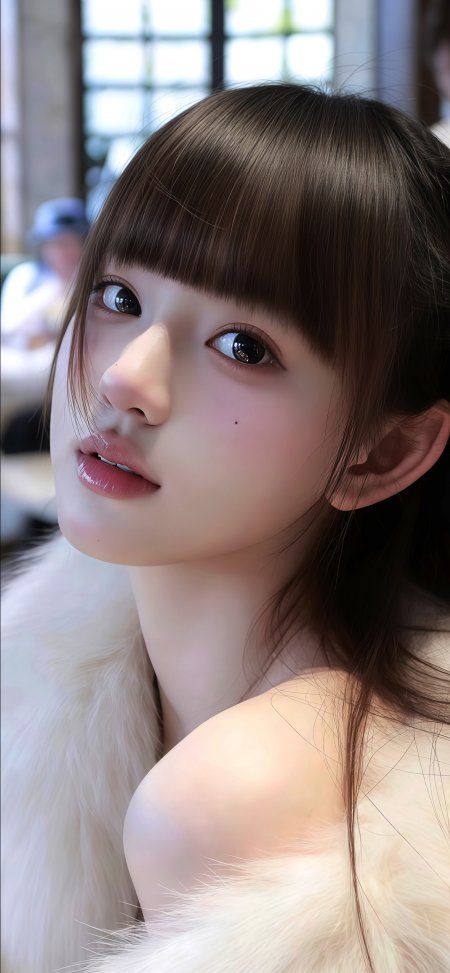 棕发齐刘海少女大眼微仰暖粉人物美女手机壁纸