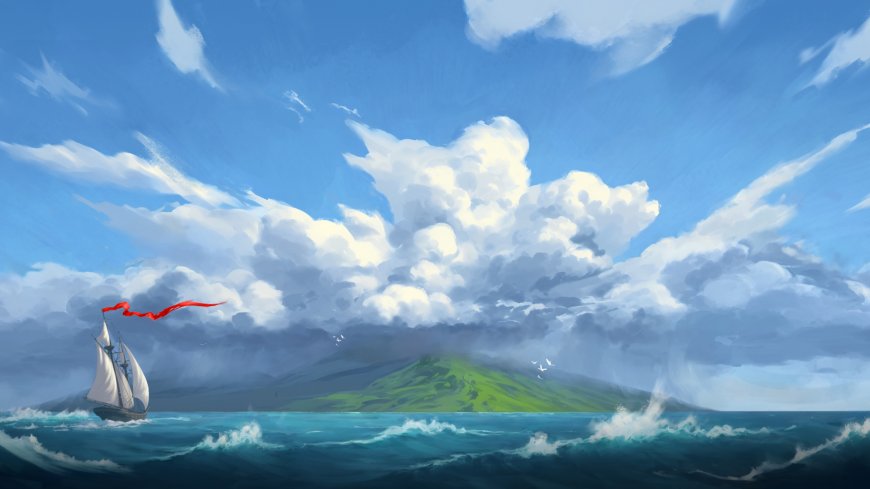 帆船破浪红绸飞扬蓝白云海绿岛风景电脑壁纸