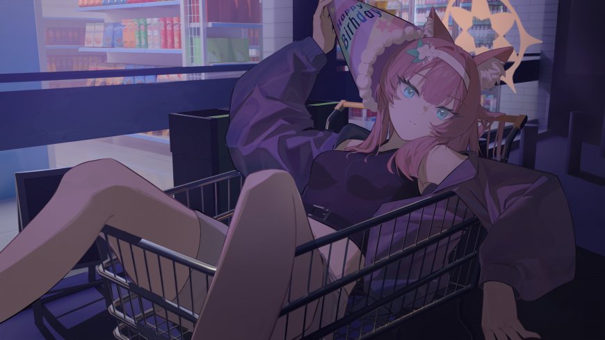 粉发猫耳少女躺购物车戴生日帽紫调动漫电脑壁纸