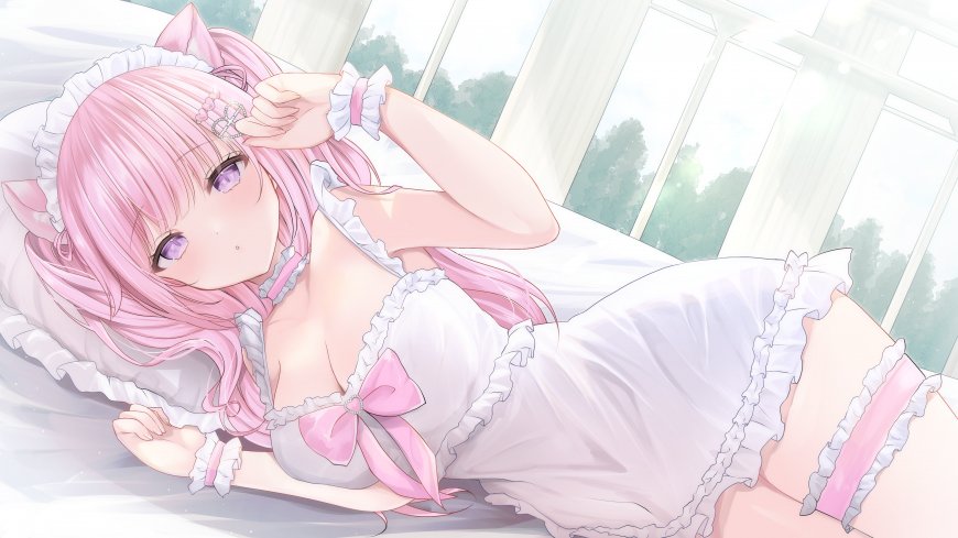 粉色长发猫耳少女白裙粉蝴蝶结躺卧窗边柔光动漫电脑壁纸