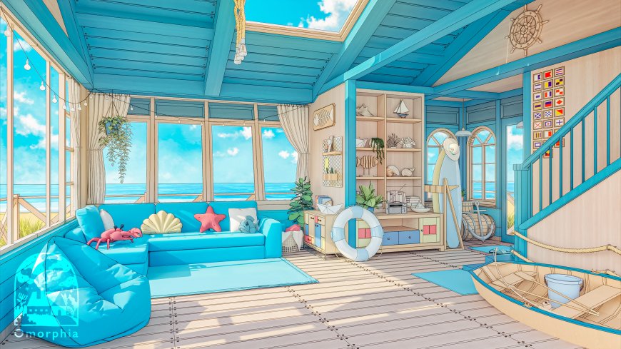 海边木屋客厅蓝白清新室内场景插画创意电脑壁纸