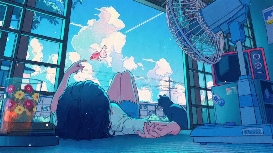 蓝调房间少女仰卧伸手触云粉白金鱼飞舞动漫电脑壁纸